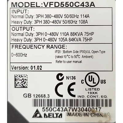 DELTA C2000 VFD550C43A 55KW - 75 HP VFD-3