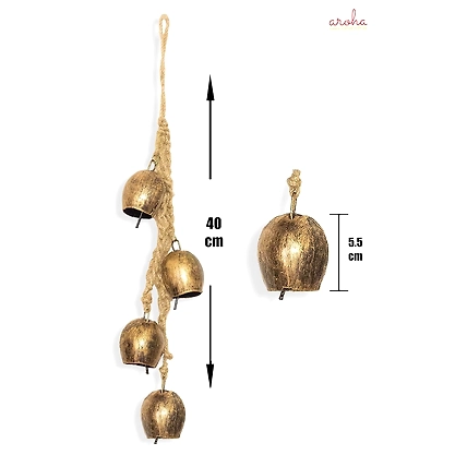 Handcrafted 4 Golden Antique Bells Cluster on Jute Rope, Swiss Vintage Lucky Cow Bells Wall Hanging Décor-12664679
