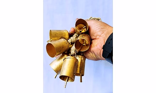 Handcrafted 4 Golden Antique Bells Cluster on Jute Rope, Swiss Vintage Lucky Cow Bells Wall Hanging Décor