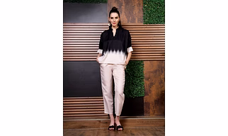Yuvti Style Shirt Palazzos Co-ords Set Beige Ombre Mandarin Collar Top