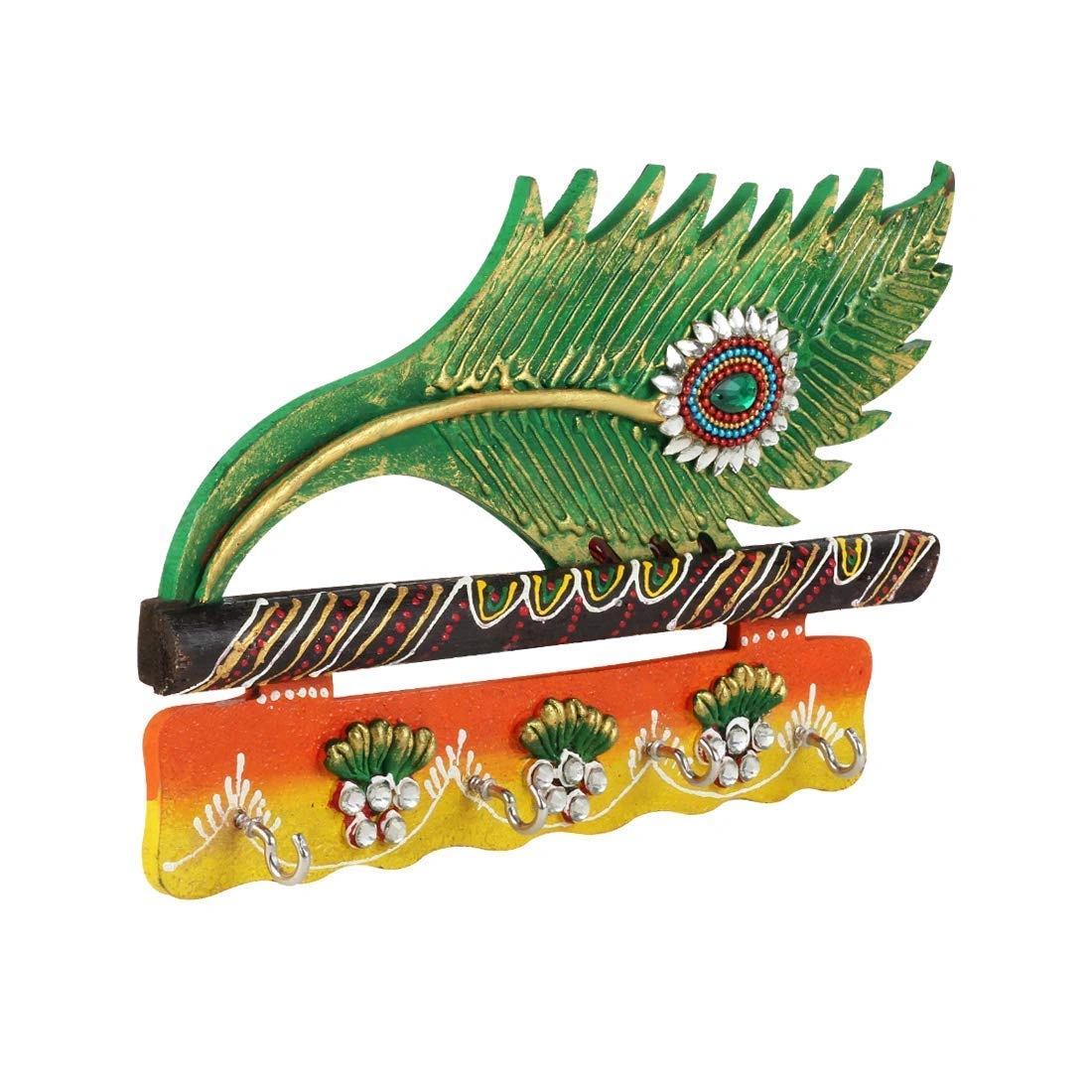 Peacock Wall Hanging Home Decor, Hand Painted Feather, Decorative Art | Wooden Key Holder for Home and Office Decor (4 Hooks, 9 in x 6 in)-12530161