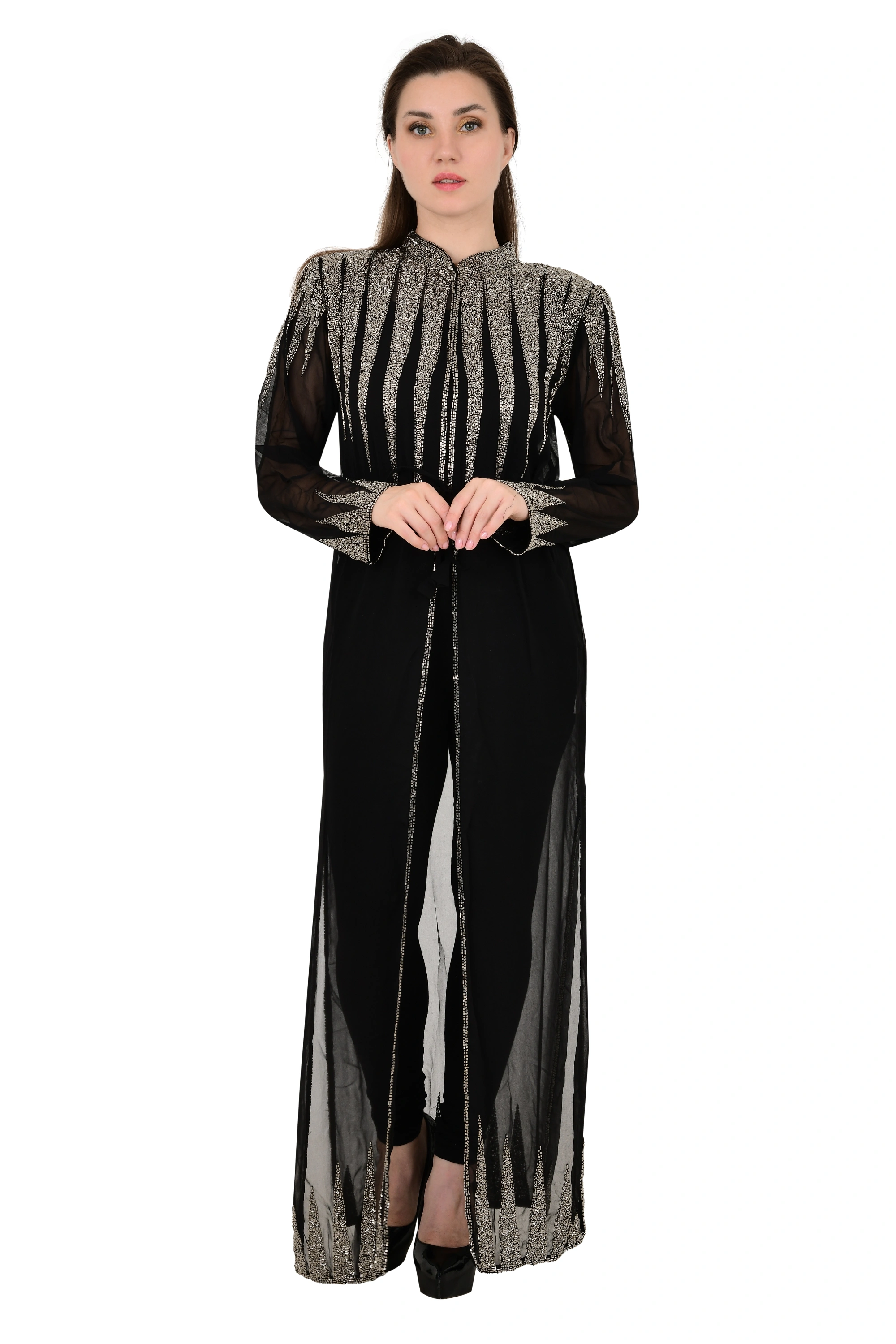 New Elegant Style No. 2012 Hand Embroidery Beads Work Poncho Shrug Abaya Over Coat Front Open Woman Style-2