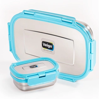 Veigo Stainless Steel Lunch Box - 2 Containers (1 Lunch Box Set (950ml + 180ml)) | Leakage Pro