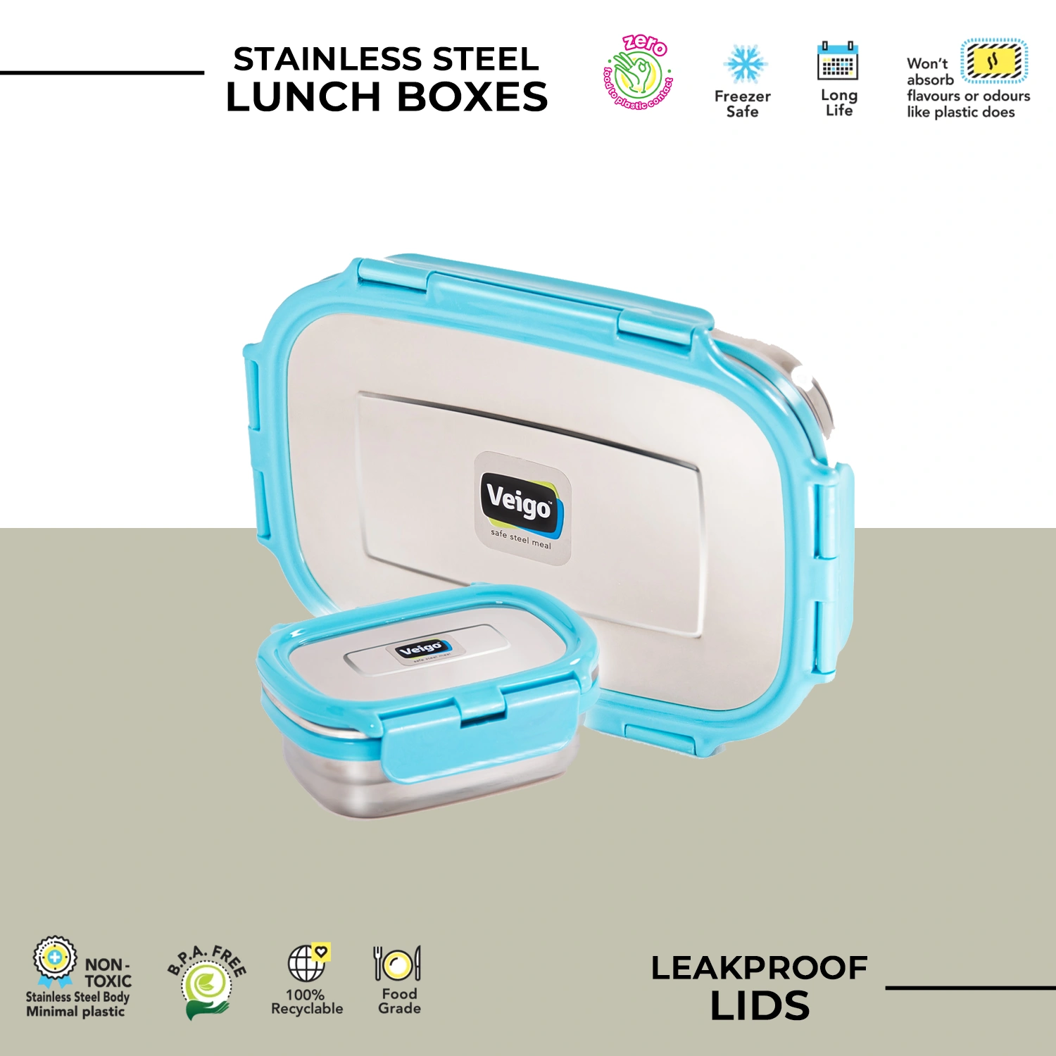 Veigo Stainless Steel Lunch Box - 2 Containers (1 Lunch Box Set (950ml + 180ml)) | Leakage Pro-1