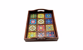 WOODEN TEASERVING TRAY WITH CERAMICTILES