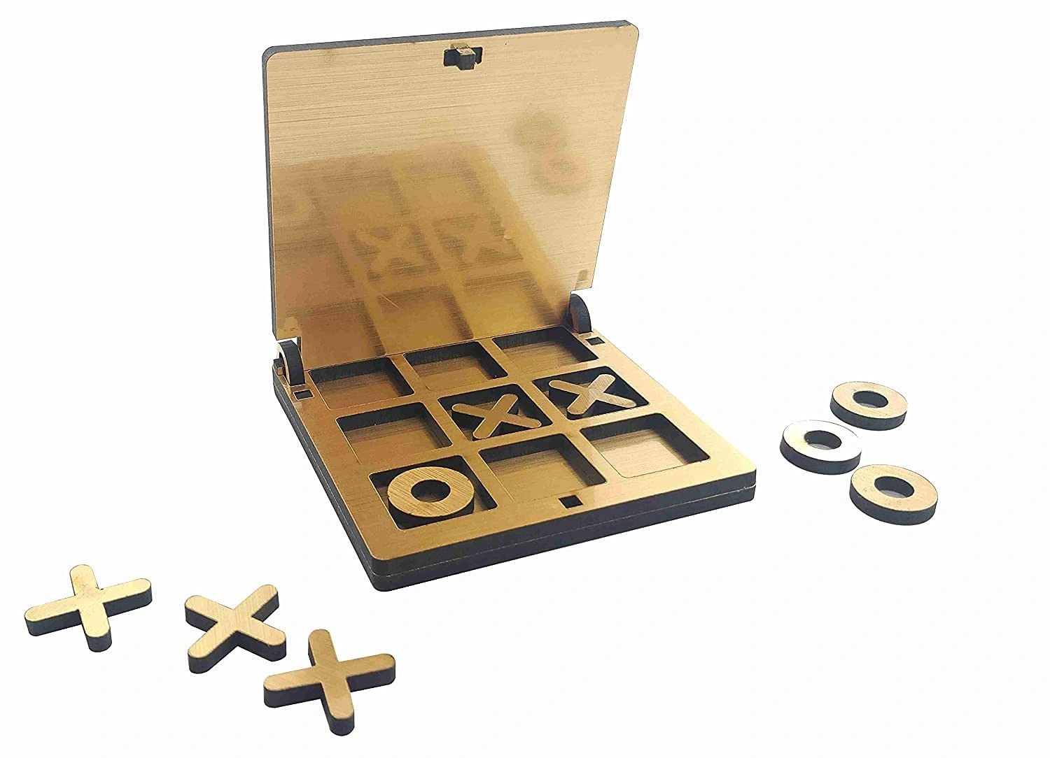 Kraftsman Wooden Tic Tac Toe Portable Game for Kids and Adults Golden Mirror Shade-4