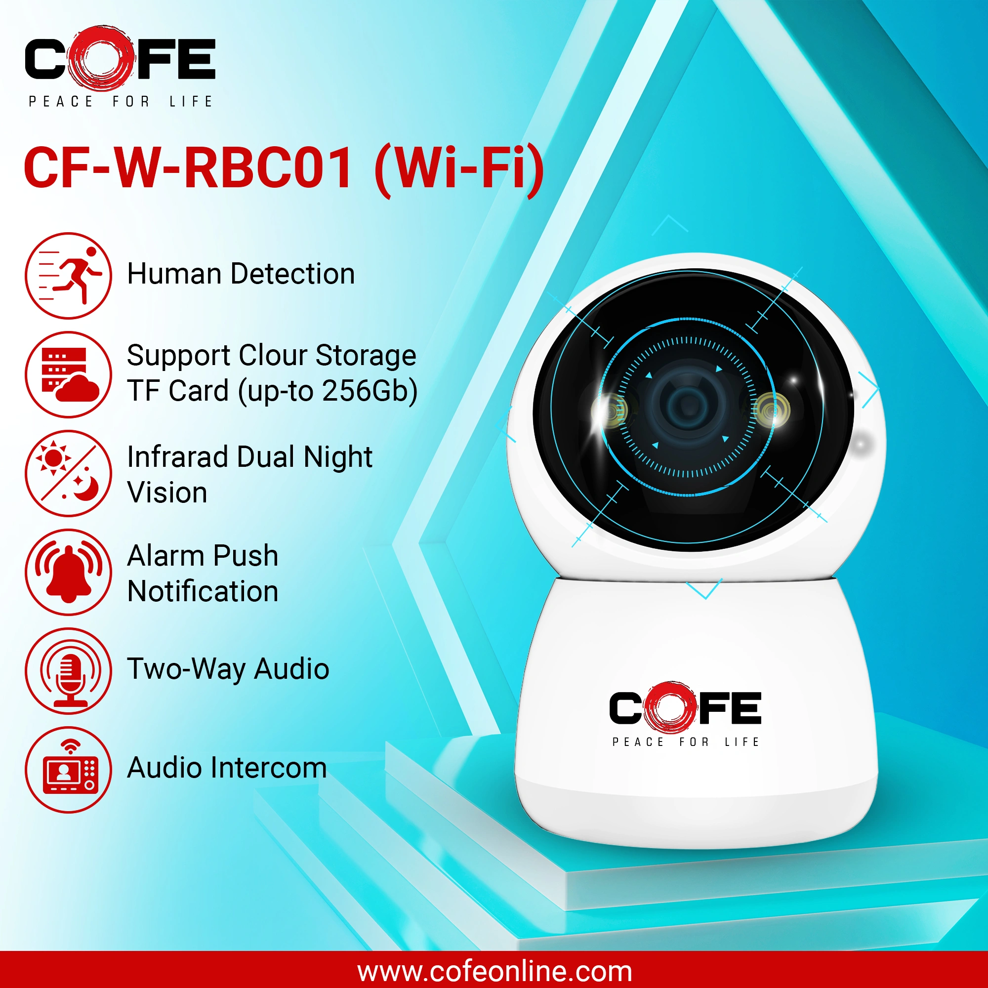 CF-W-RBC01  Wi-fi  home security smart camera | 360˚ with Pan &amp; Tilt | Two way talk | Cloud Monitoring | Motion Detection | Night Vision | Supports SD Card | Supports Wi-Fi and ONVIF-1