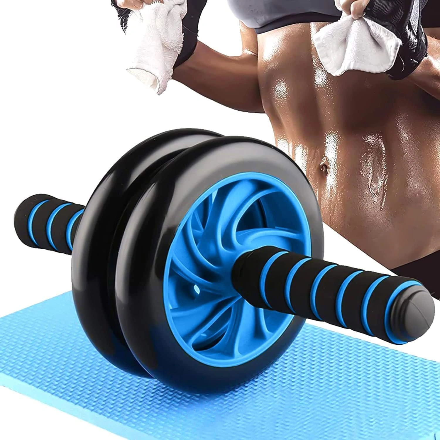 MANOGYAM Double Wheel Ab Exerciser with Knee Pad | Ab Roller | Abdominal Wheel | Abdominal Muscle Ab Roller Wheel Exercise Equipment | Dual Wide Abs Roller Wheel for Gym &amp; Home Workout-IMPORTED-WHEEL-BLACK-BLUE-301