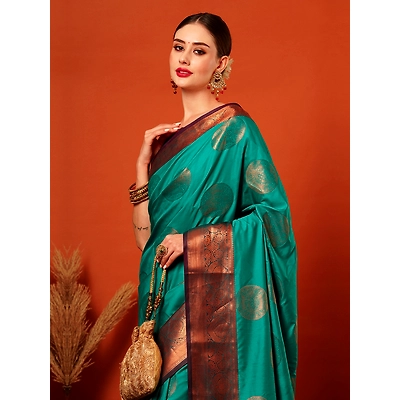 Yourwish Women's Kanjivaram Silk Jacquard Saree With Attached Blouse Pice (Rama) |