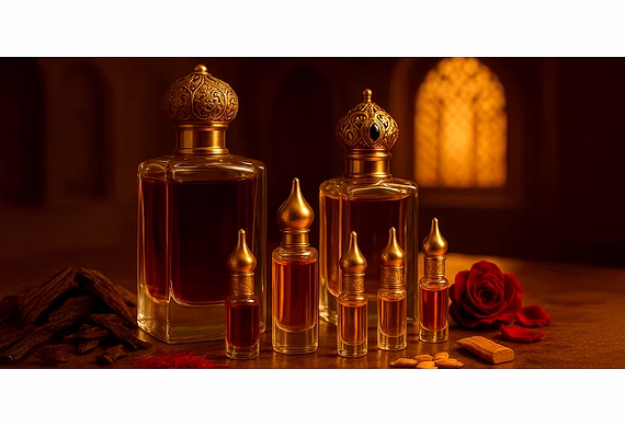 Luxurious Indian attar bottles and oud perfume oils arranged with natural ingredients for the Middle