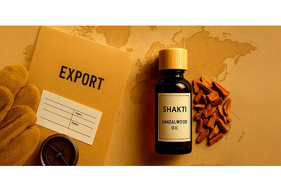 Premium sandalwood oil export theme with documents, bottles, and global shipping elements.