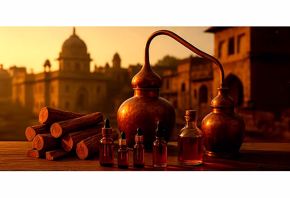 “Traditional Kannauj sandalwood oil distillation setup with sandalwood logs and amber oil bottles, r