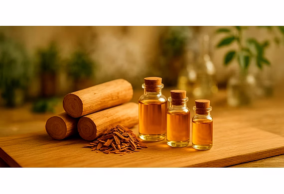 Handcrafted copper still and sandalwood on a wooden bench, warm light, symbolizing SHAKTI’s pure, et