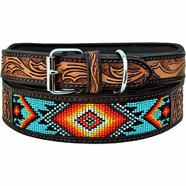 martin enterprises leather dog collar small size western style heavy duty hand tooled adjustable beaded and padded soft for puppies and big dogs code 1020