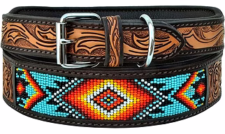 Martin Enterprises Leather Dog Collar Small Size Western Style Heavy Duty Hand Tooled Adjustable Beaded and Padded Soft for Puppies and Big Dogs Code 1020