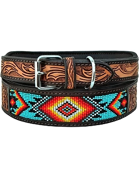 Martin Enterprises Leather Dog Collar Small Size Western Style Heavy Duty Hand Tooled Adjustable Beaded and Padded Soft for Puppies and Big Dogs Code 1020