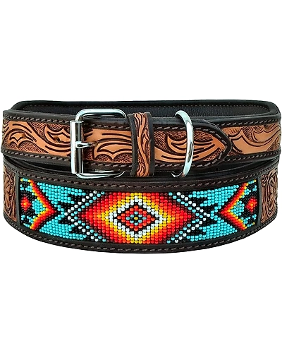 Martin Enterprises Leather Dog Collar Small Size Western Style Heavy Duty Hand Tooled Adjustable Beaded and Padded Soft for Puppies and Big Dogs Code 1020-12541712