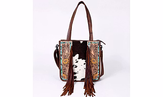 Martin Enterprises western Handtooled Cowhide Hairon Canteen Crossbody bag with Adjustable Detachable Leather Strap,Antique dye finish Code 1004