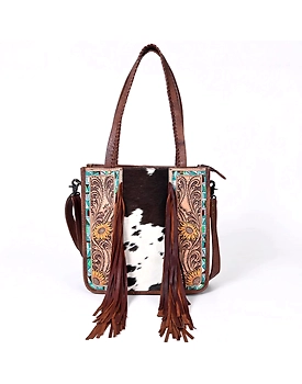 Martin Enterprises western Handtooled Cowhide Hairon Canteen Crossbody bag with Adjustable Detachable Leather Strap,Antique dye finish Code 1004