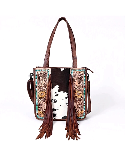 Martin Enterprises western Handtooled Cowhide Hairon Canteen Crossbody bag with Adjustable Detachable Leather Strap,Antique dye finish Code 1004-12542312