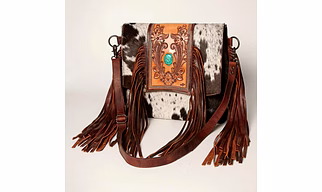 Martin Enterprises western Handtooled Cowhide Hairon Canteen Crossbody bag with Adjustable Detachable Leather Strap,Antique dye finish Code 1005