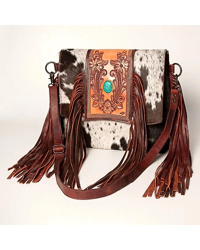 Martin Enterprises western Handtooled Cowhide Hairon Canteen Crossbody bag with Adjustable Detachable Leather Strap,Antique dye finish Code 1005-2