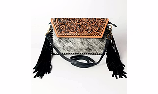 Martin Enterprises western Handtooled Cowhide Hairon Canteen Crossbody bag with Adjustable Detachable Leather Strap,Antique dye finish Code 1006