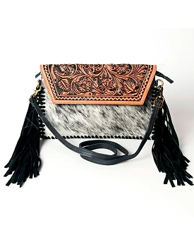 Martin Enterprises western Handtooled Cowhide Hairon Canteen Crossbody bag with Adjustable Detachable Leather Strap,Antique dye finish Code 1006