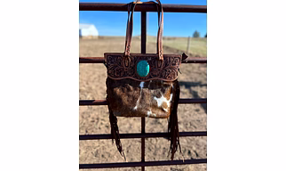 Martin Enterprises western Handtooled Cowhide Hairon Canteen Crossbody bag with Adjustable Detachable Leather Strap,Antique dye finish Code 1007