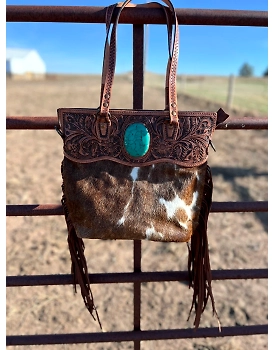 Martin Enterprises western Handtooled Cowhide Hairon Canteen Crossbody bag with Adjustable Detachable Leather Strap,Antique dye finish Code 1007