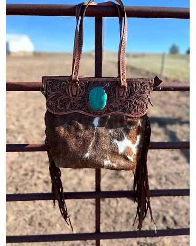 Martin Enterprises western Handtooled Cowhide Hairon Canteen Crossbody bag with Adjustable Detachable Leather Strap,Antique dye finish Code 1007-12542306