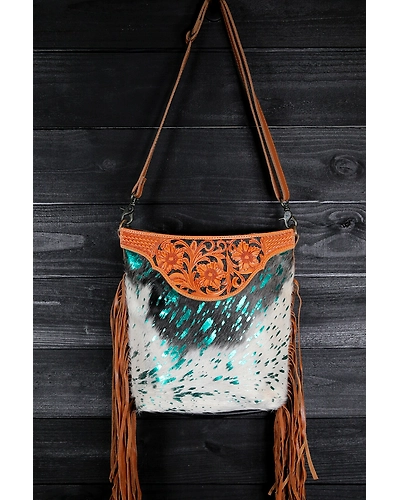 Martin Enterprises   Fawn &amp; White Upcycled Canvas &amp; Cowhide Small Handbag Black Code 1012-12542296