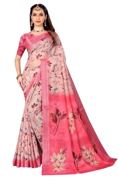 Linen saree Floral Print Silk Saree Red with Flower Design-12542980