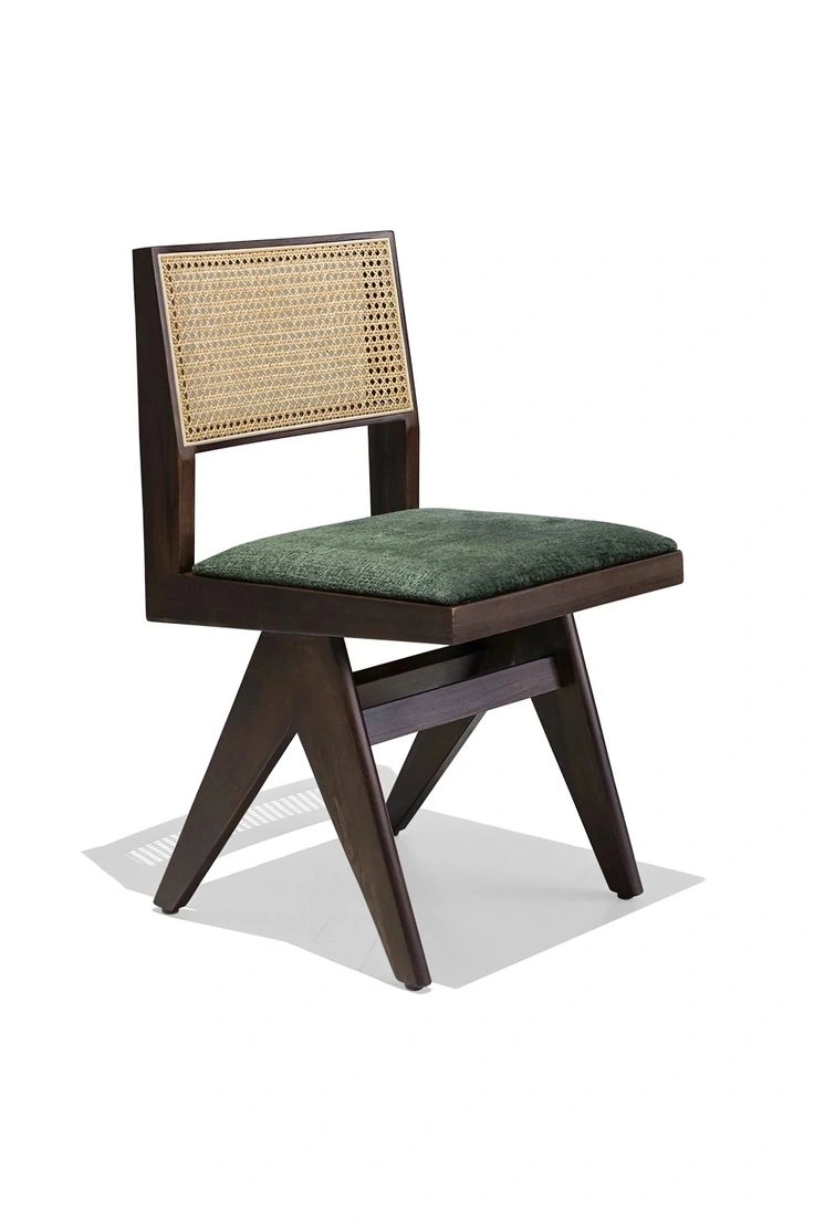 MID CENTURY WOODEN CHANDIGARH DINING CHAIR WITH CANE RATTAN WORK &amp; SEAT CUSHION-12543240