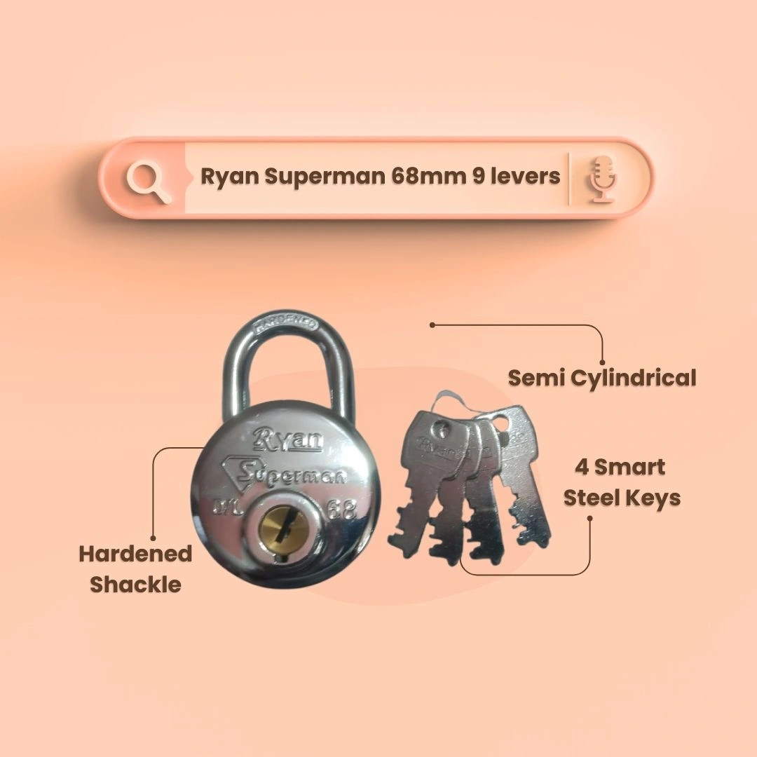 Ryan Superman 68mm Steel Padlock - Double Locking with 3 Keys-4