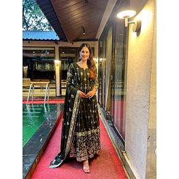 green goergette readymade embroidery anarkali suit