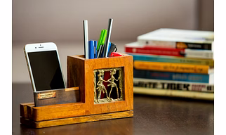 Mango Wood Pen Stand With Card & Mobile Holder