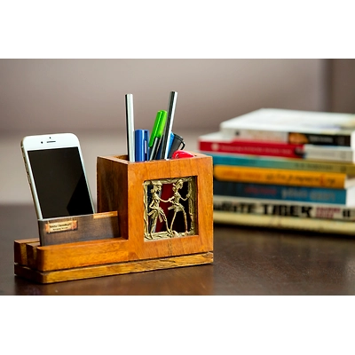 Olha-O Mango Wood Pen Stand With Card & Mobile Holder