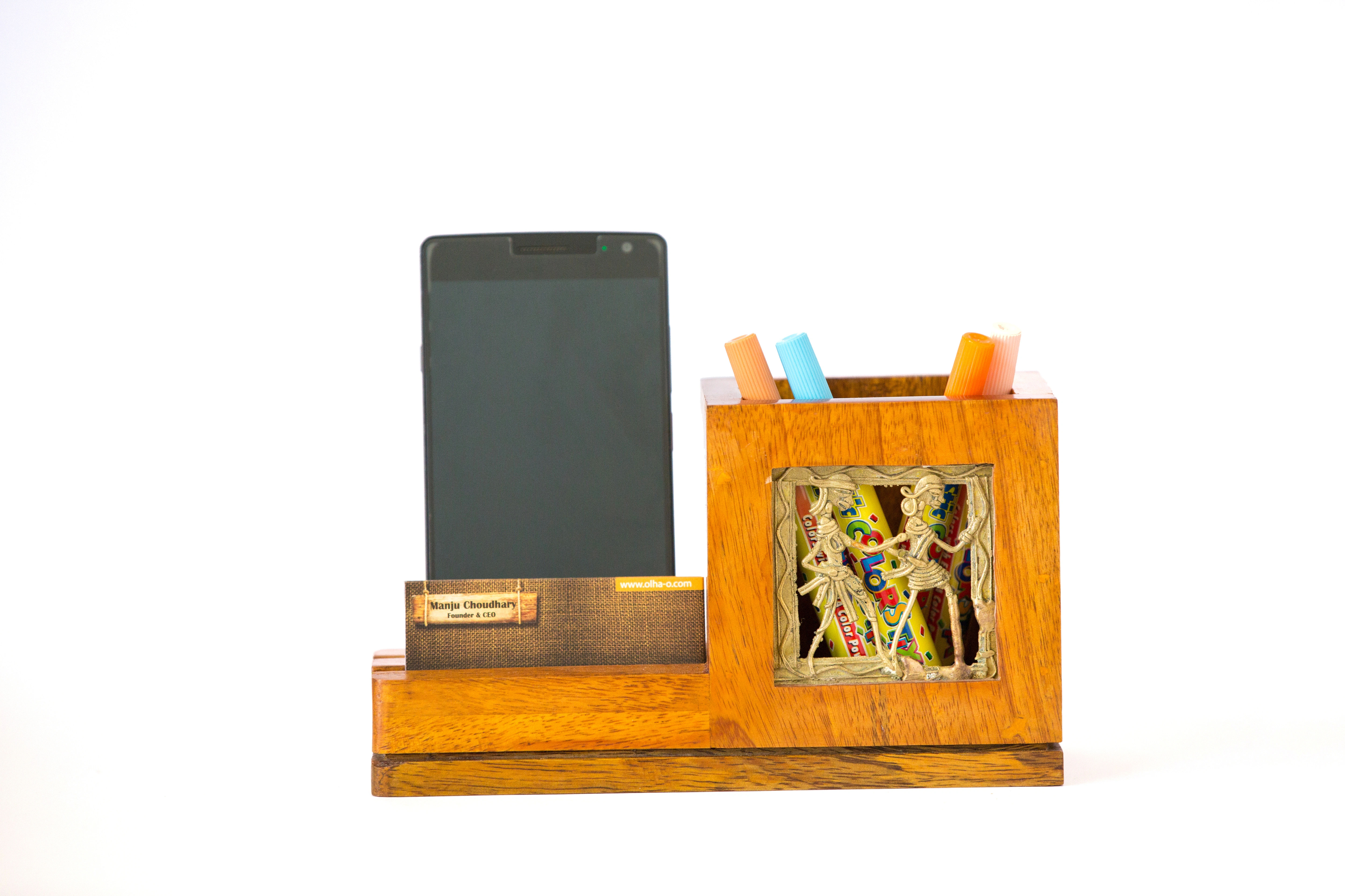 Mango Wood Pen Stand With Card &amp; Mobile Holder-1