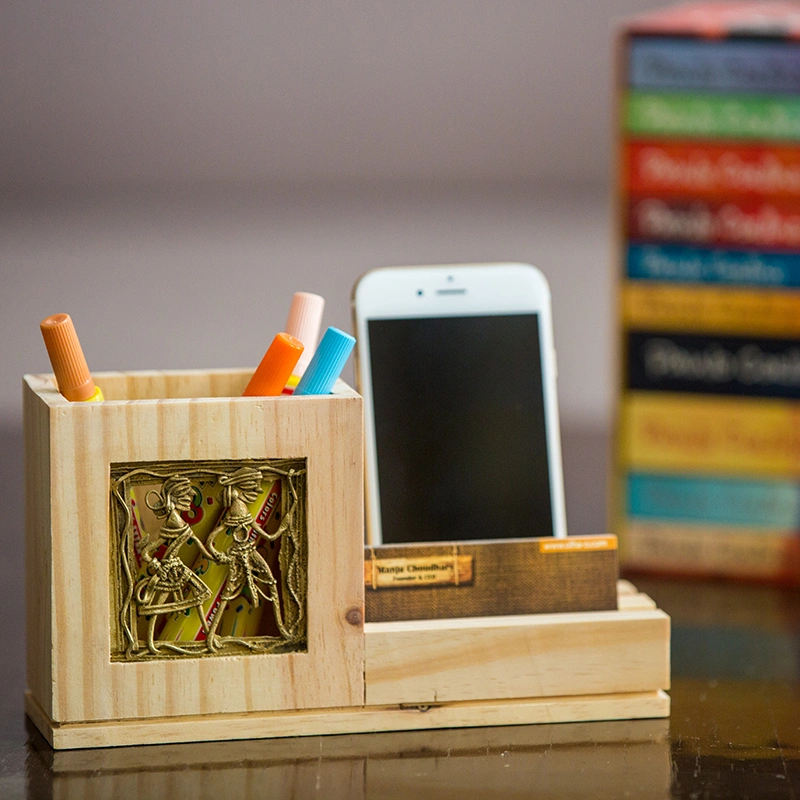 Pine Wood Pen Stand With Card &amp; Mobile Holder-BPMHCVG2061103