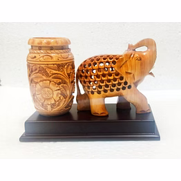 10.16 cm wood pen stand under cut elephant