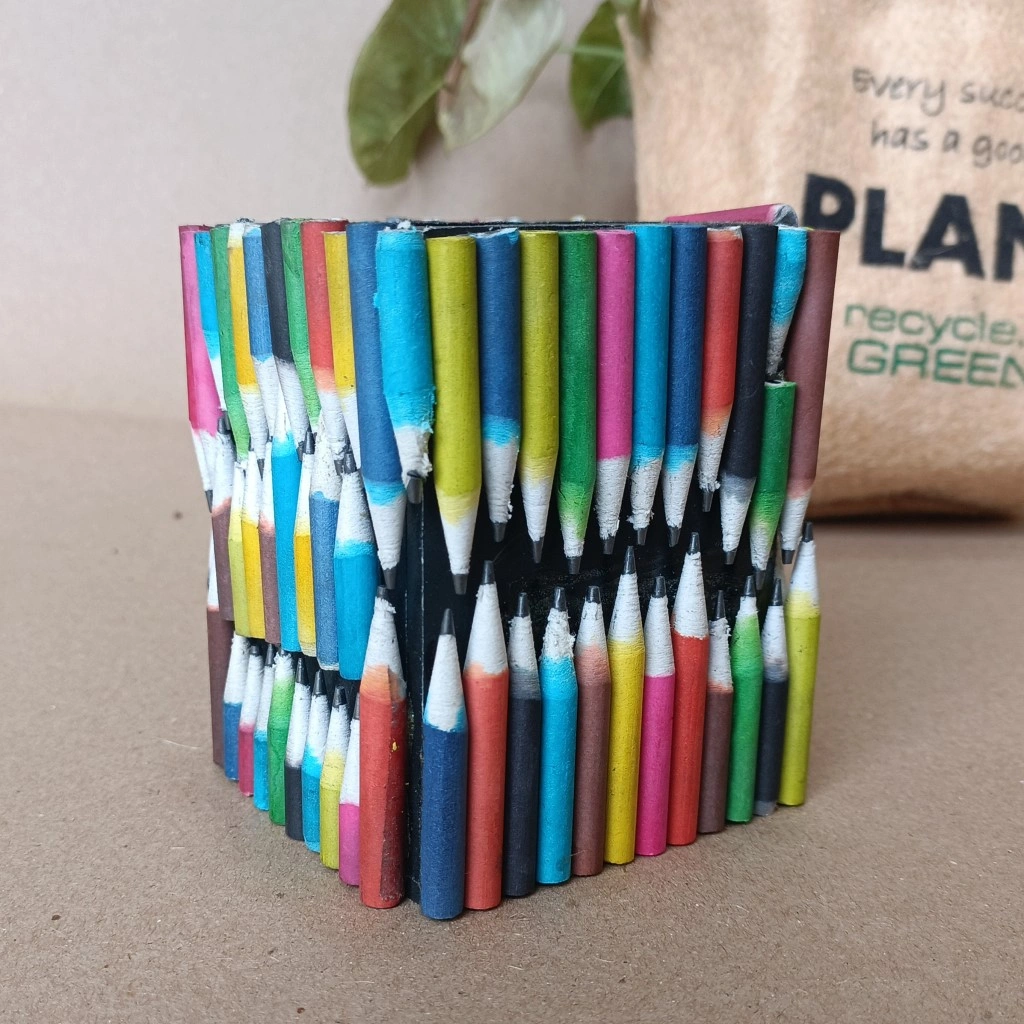 Eco-friendly Desk Organizer | MLP Recycled Plastic Body | Recycled Natural Coloured Paper Pencil Art Work-PNCLPLPNSTND-100