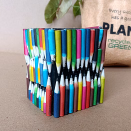 eco-friendly desk organizer | mlp recycled plastic body | recycled natural coloured paper pencil art work
