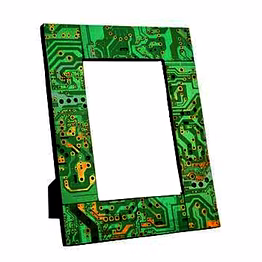 eco-friendly photo frame | 4" x 6" photo size | recycled plastic body | e-waste circuit artwork
