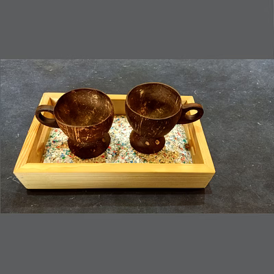 ecofriendly | plastic recycled tray | upcycled wood handle | coconut shell coffee cups