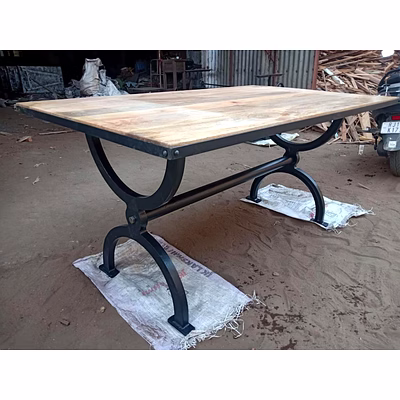 cast iron with wooden top table