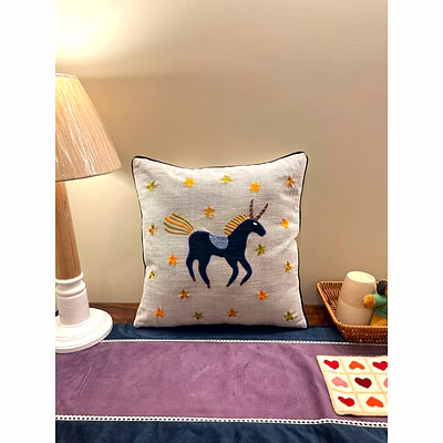"whimsical unicorn cushion cover with star embroidery" –