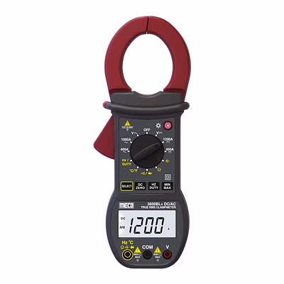 meco 3-3/4 digit 4200 count 1200a dc / 1000a ac trms digital clampmeter with max / min, delta rel, frequency & temperature (model : 3600bl+)