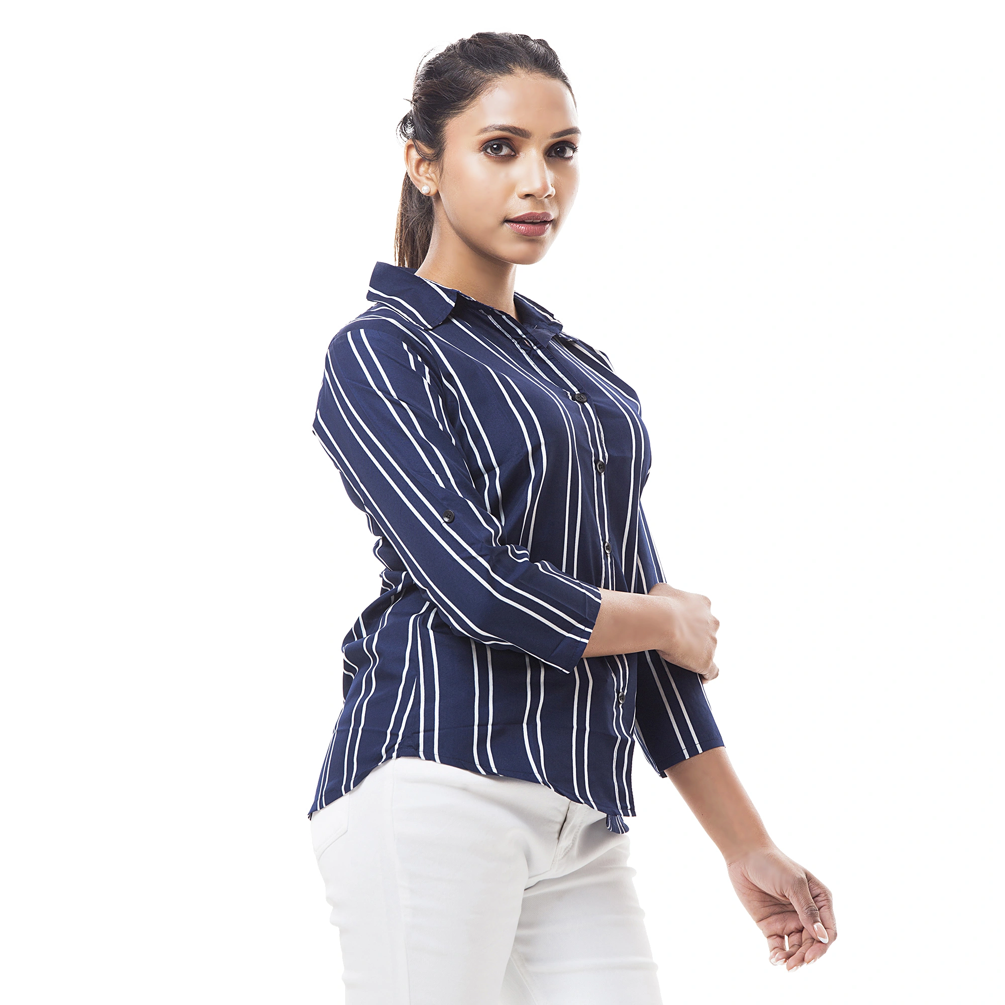 Women Regular Fit Striped Spread Collar Casual Shirt-1