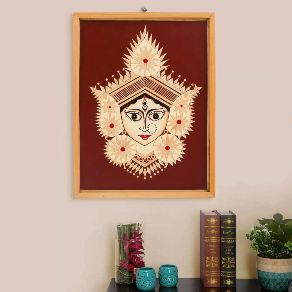 Archeiv Bamboo Hand Crafted Framed Wall Hangings Of Durga Ji For Home Decor | Bamboo Framed Art For Wall Decor-BWH10